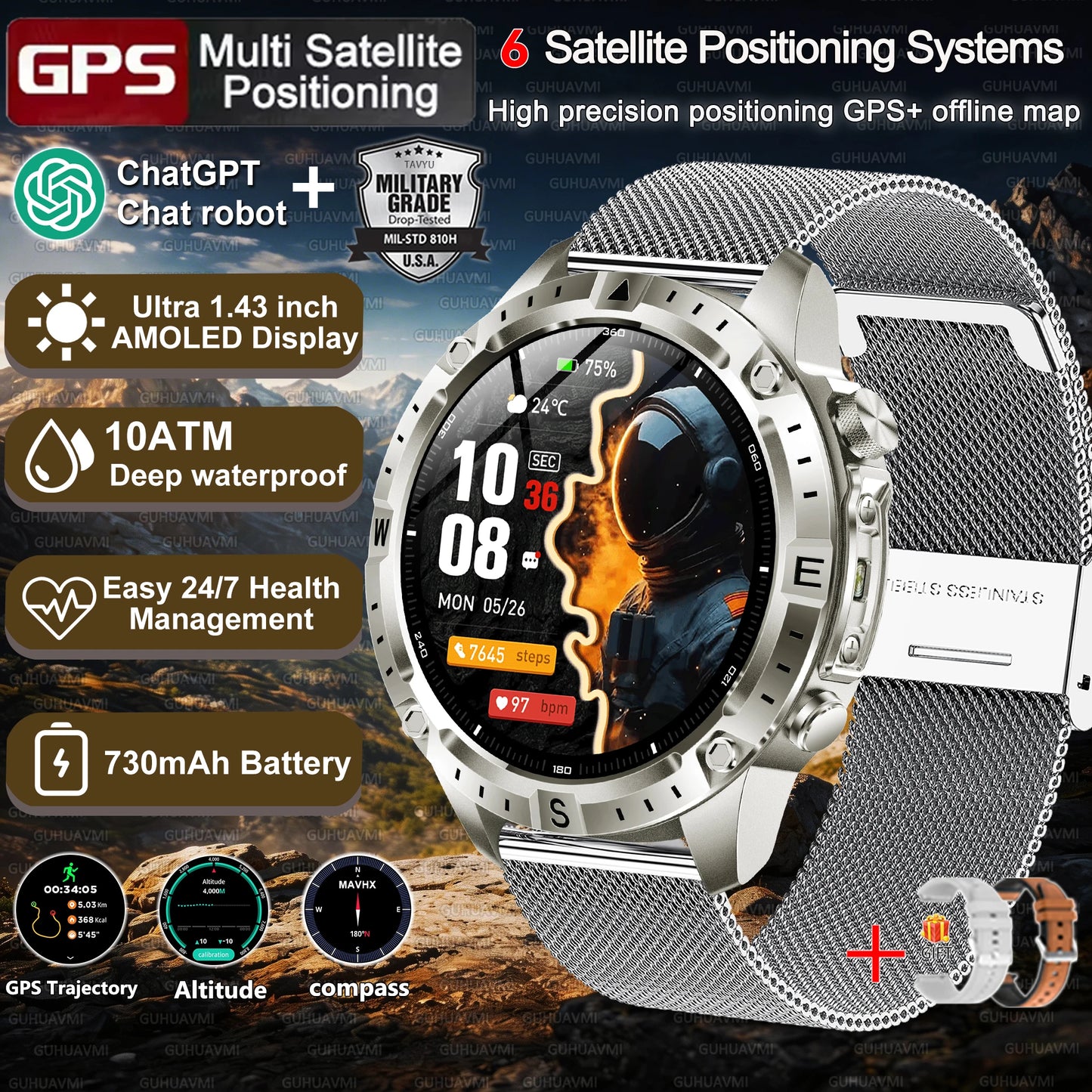 Military-Style GPS Smart Watch — Offline Maps, 10ATM, 2GB RAM