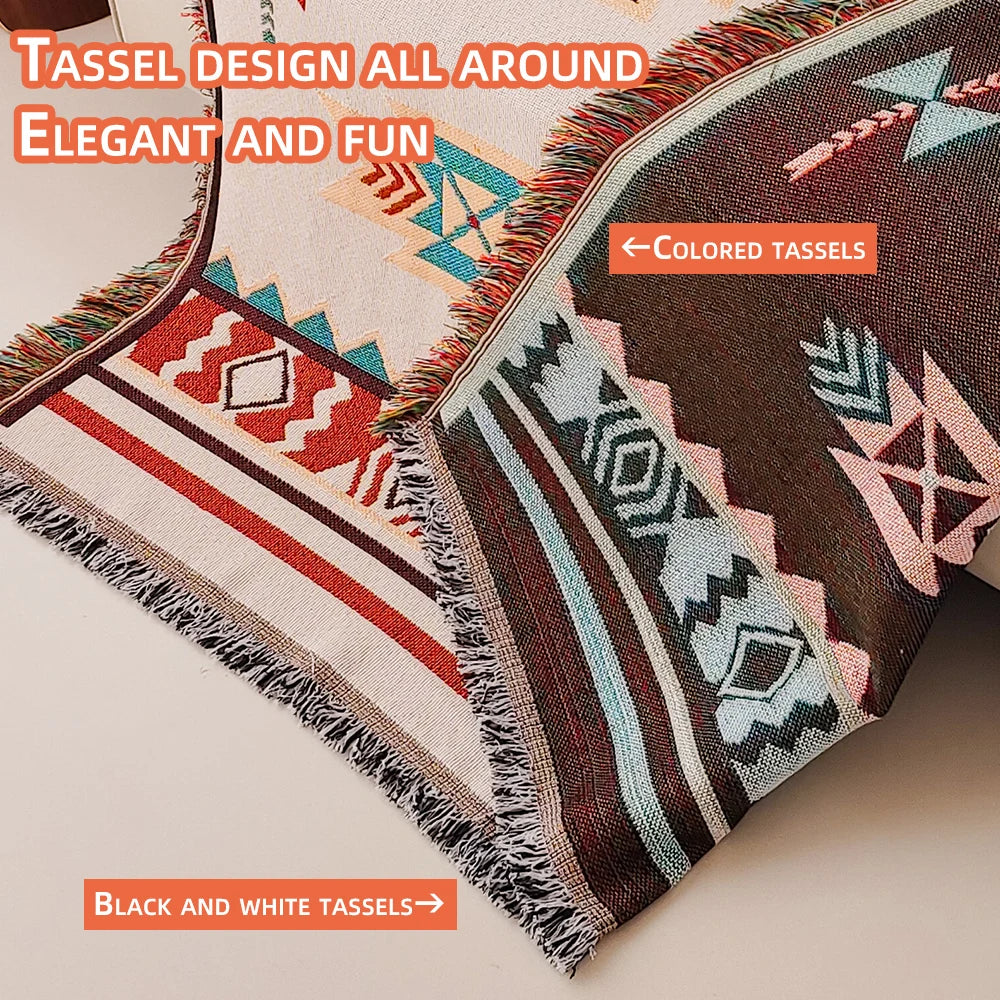 Aztec Boho Throw Blanket with Fringe