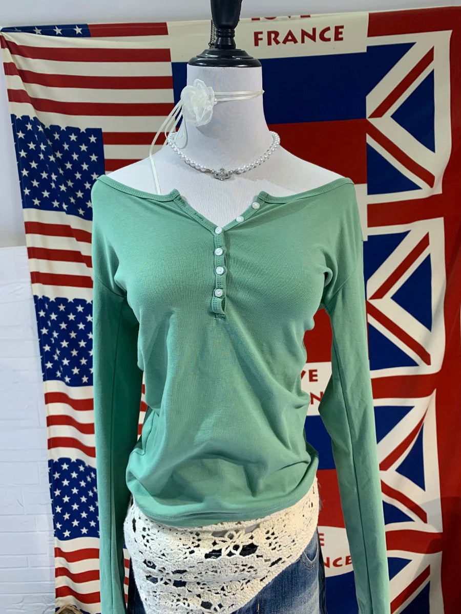 Women's Ribbed Long-Sleeve Top — Six-Button Slim Round-Neck Y2K Tee