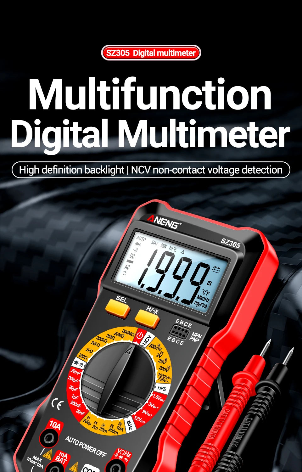 ANENG SZ305 Digital Multimeter Professional AC/DC Voltage Ammeter Capacitor hFE Triode NCV Voltage Induction Electrician Tester