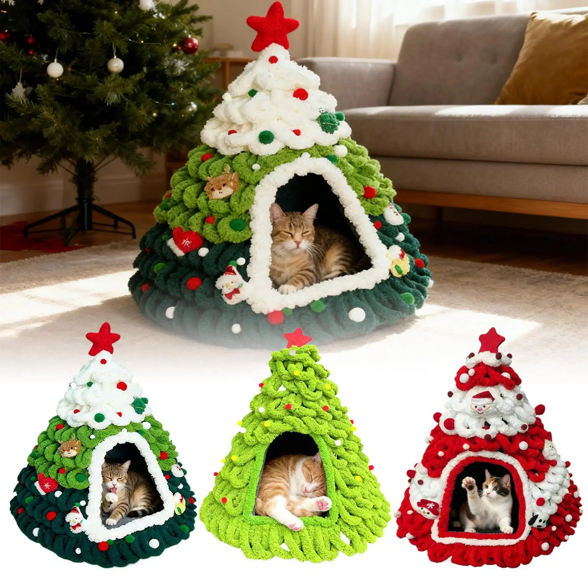 Christmas Tree Knit Cat Cave Bed - Winter Shelter – photo 5
