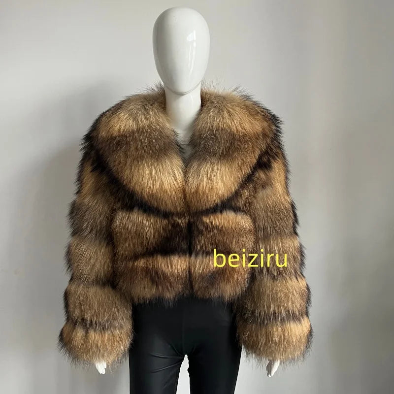 Women's Hooded Raccoon Fur Coat, Turn-Down Collar
