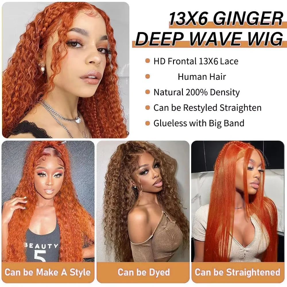 Curly Wig Human Hair Peruvian Deep Wave 13x6 HD Lace Front Wigs Human Hair For Black Women Pre Plucked Orange Ginger Color #350 13x4 Transparent Lace Frontal Human Hair Wig 240%