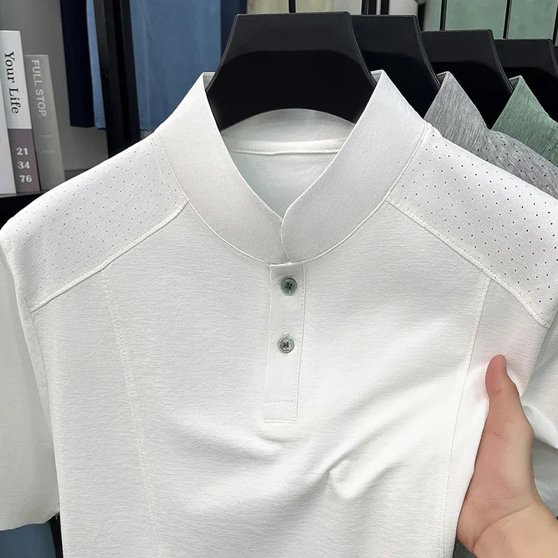 Men's Mandarin Henley Tee - Hollow-Grain Shoulder, Cool Lightweight