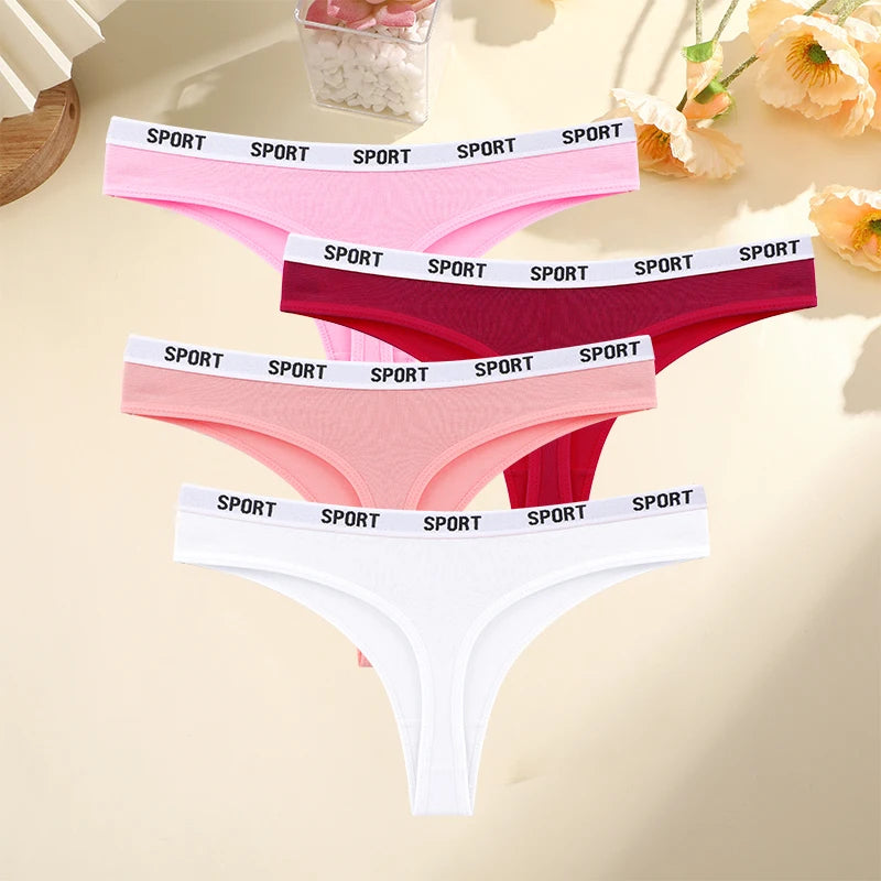 FINETOO 4PCS/Set Women Sexy Cotton Thongs For Women Sport Brand String Underwear Female Soft Coton Tangas Woman Thong Tanga