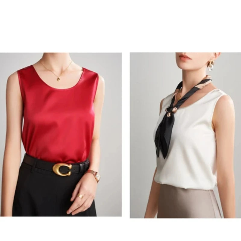 Summer Satin Mulberry Silk Tank Top Casual Versatile Champagne Tops Woman 2026 New Fashion Elegant Vest Loose Sleeveless T-shirt