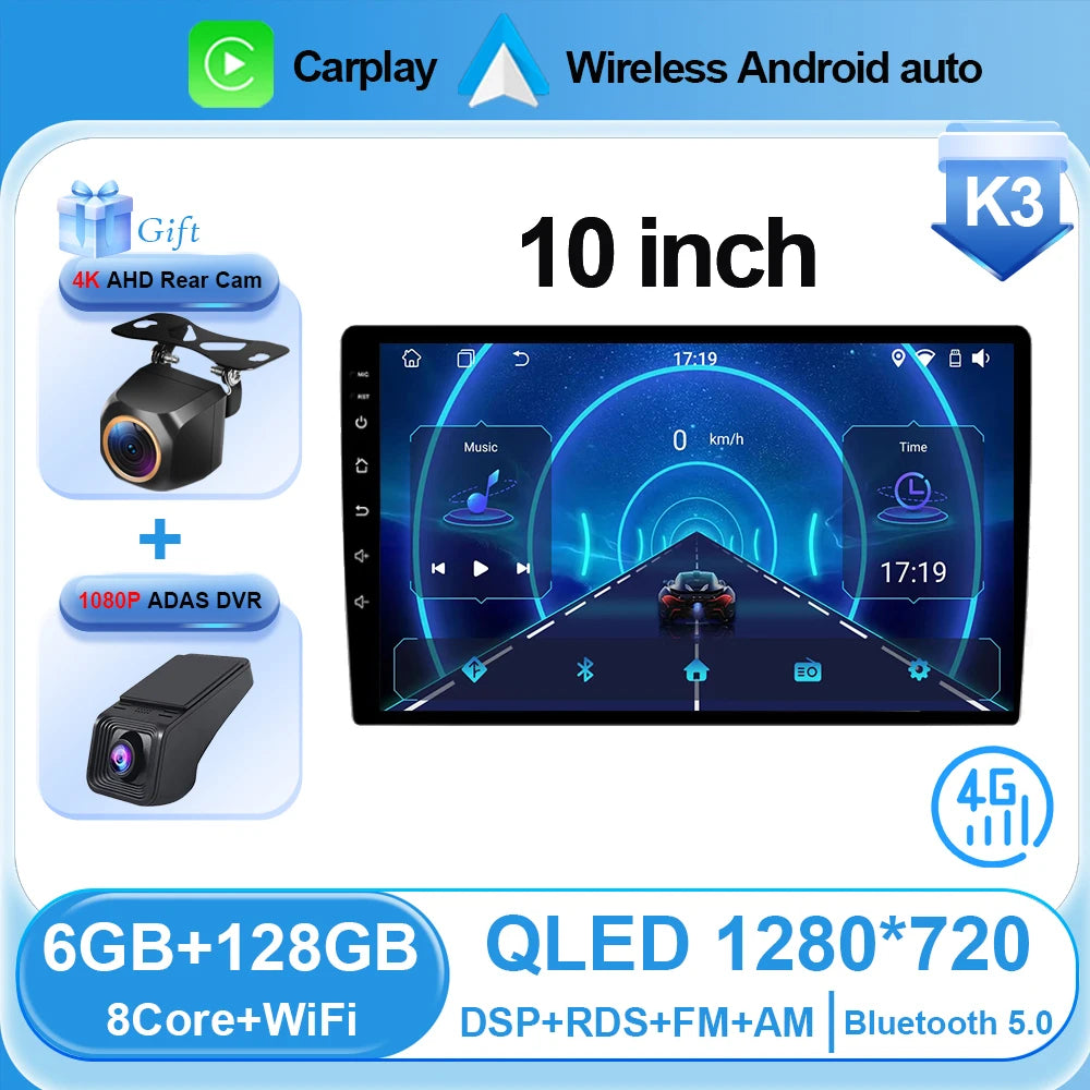 Universal 2-DIN Android Car Stereo (9"/10") — CarPlay, Android Auto, GPS, QLED Screen, Bluetooth