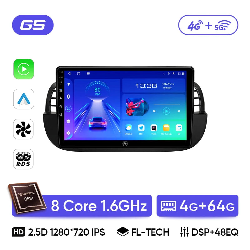 Ainavi 9" Android Car Stereo for Fiat 500 — CarPlay, Android Auto, GPS, Steering-Wheel Control