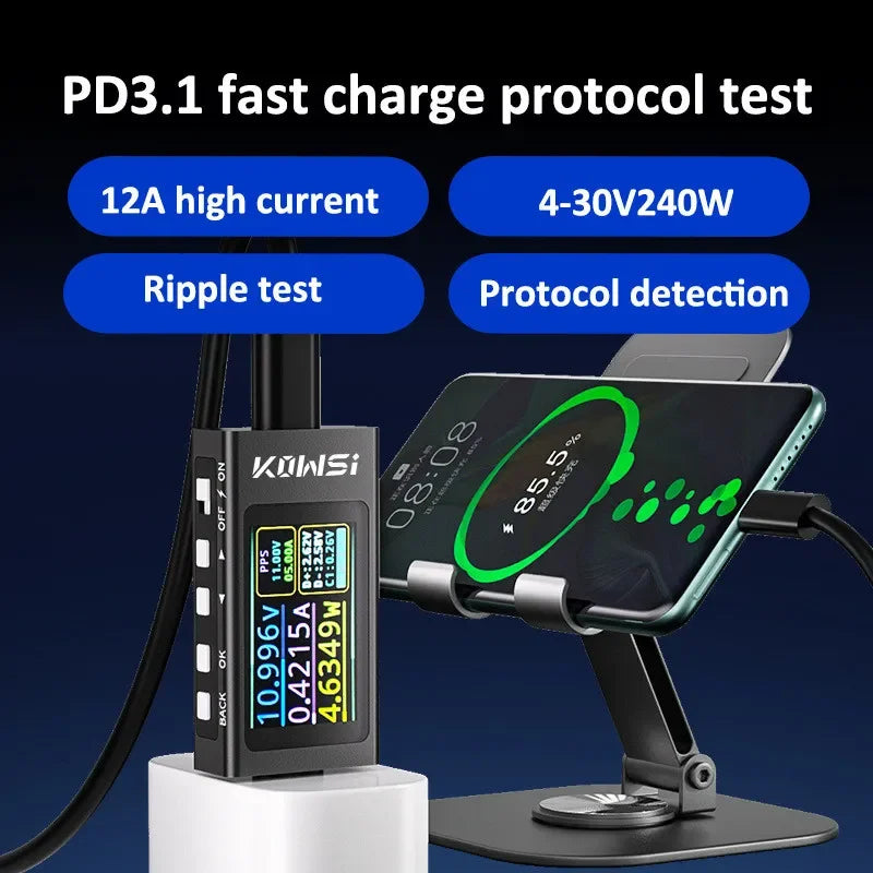 KWS-X1 4V-30V 12A Type C Tester Voltmeter Ammeter TYPE-C Fast Charge Detection Trigger Capacity Measurement Ripple Measurement