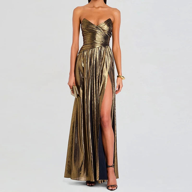 Women Spring Summer Sleeveless Casual Maxi Dress Strapless Elegant Fashion Party Dress Office Lady Retro High Slit Dress Vestido