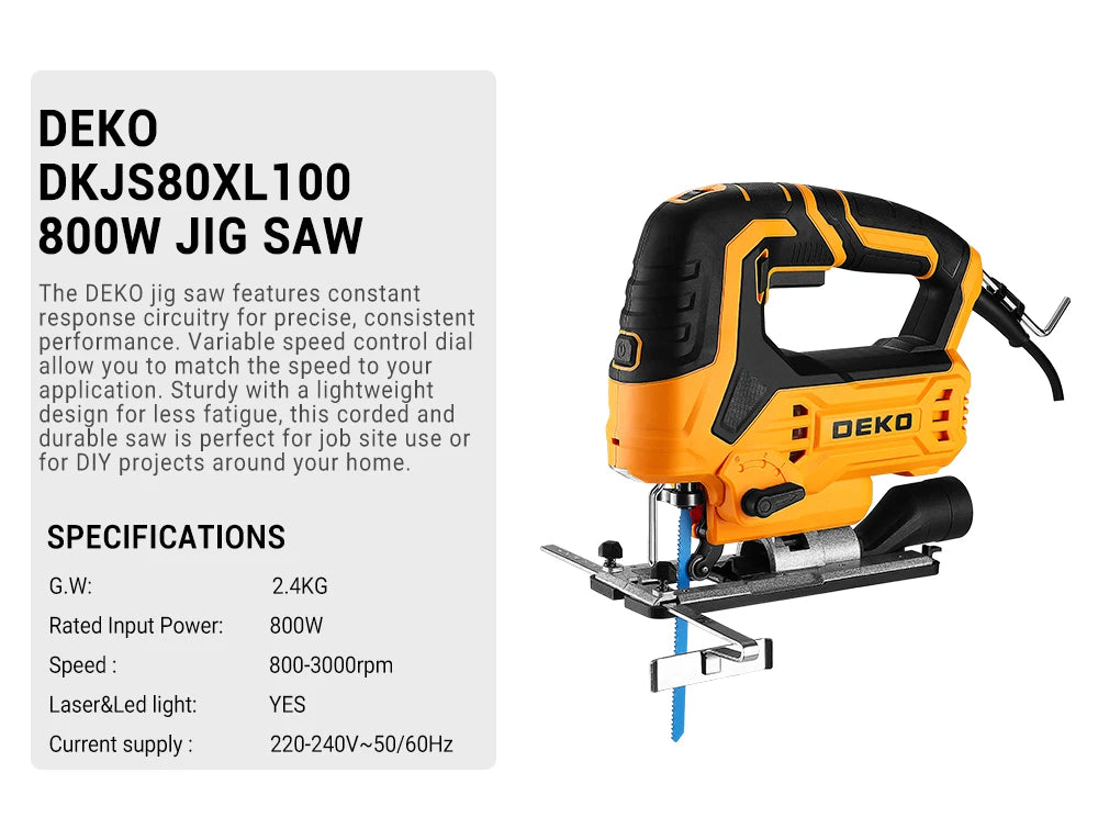 DEKO DKJS80XL100  JIG SAW 220V 800w  Woodworking Electric Tools Electric Saw With  Wrench Guide Ruler Saw Blade
