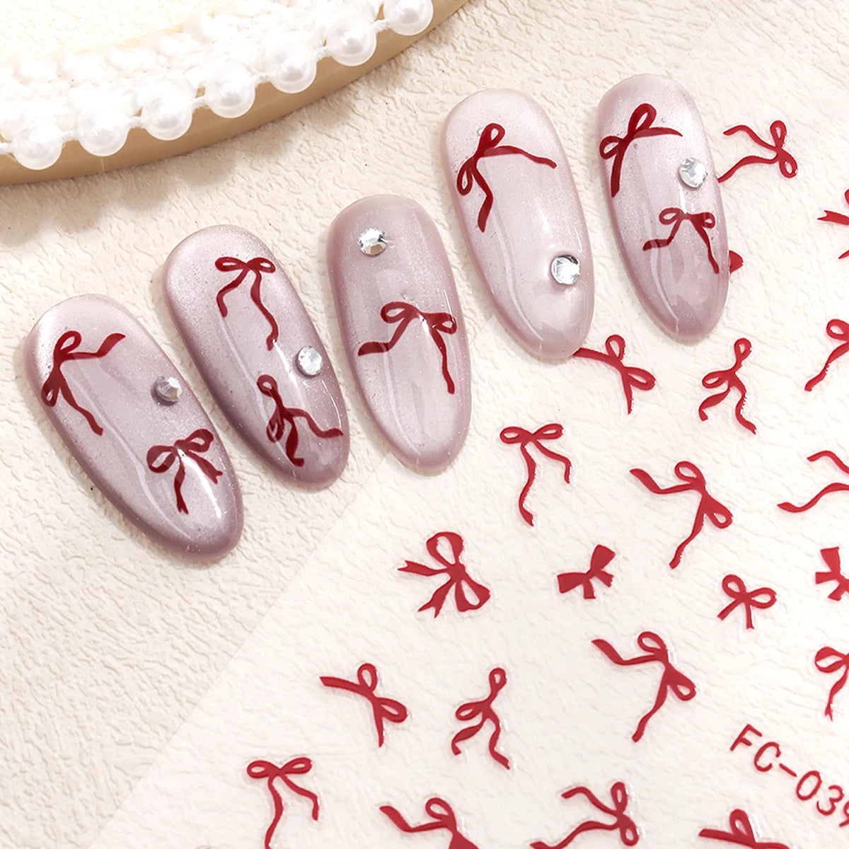 New Year's Red Bow Nail Stickers, Self-Adhesive Pink and Gold Ribbon Nail Decorations, Ballet-Style Ribbon Design Nail Decals