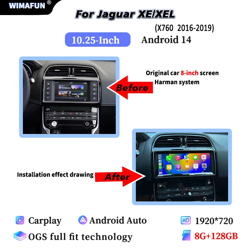 10.25" For Jaguar XE F-PACE X760 X761 Android 14 2016 to 2019 Car Radio Multimedia Player CarPlay and Auto Smart Car System