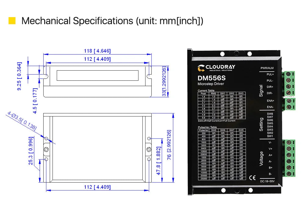Cloudray DM556S 2-Phase Stepper Motor Driver — 18–50VDC, 1.4–5.6A (Nema 17/23/34)