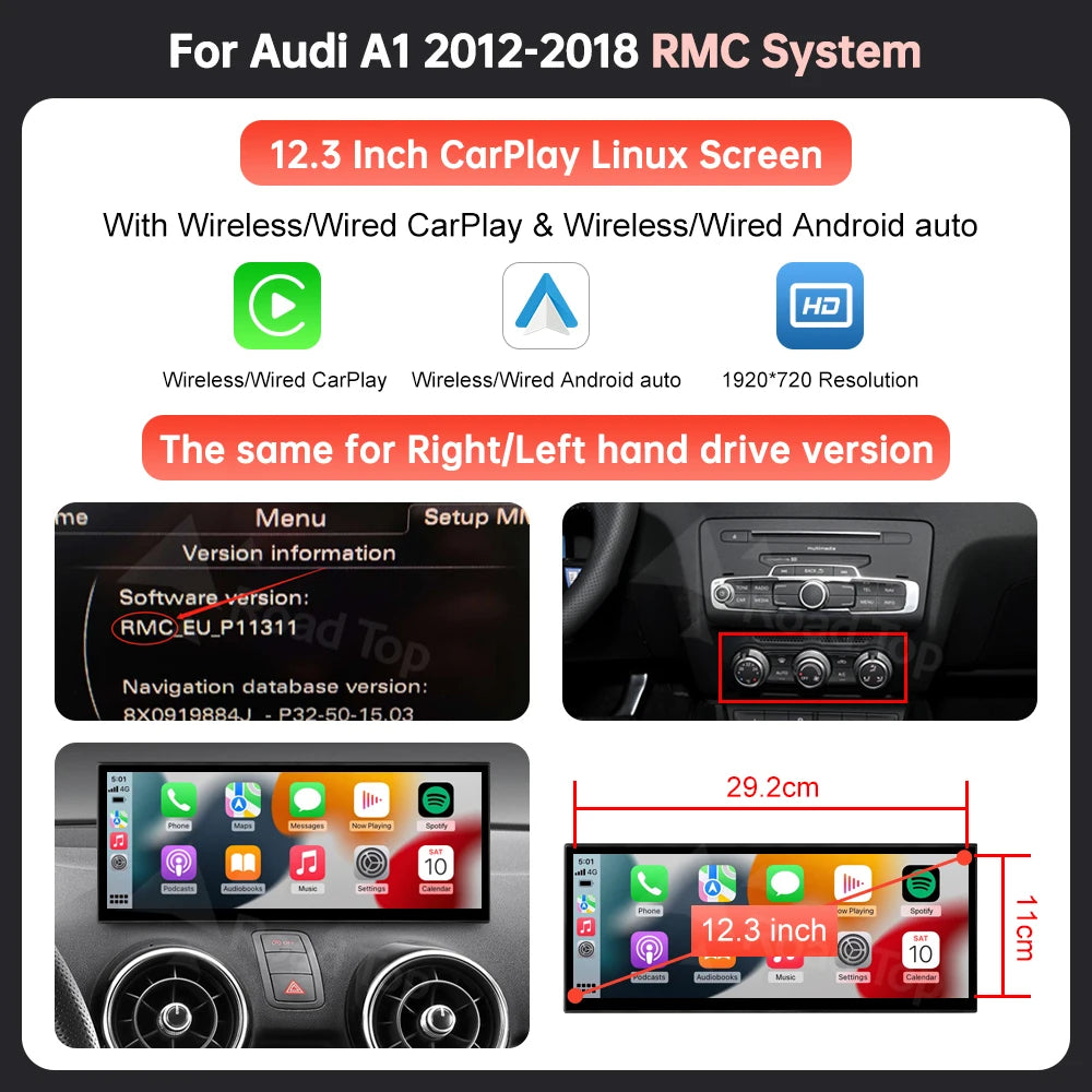 12.3" Wireless CarPlay & Android Auto Display Screen, Compatible with Audi A1 & Q3 (2012-2018)