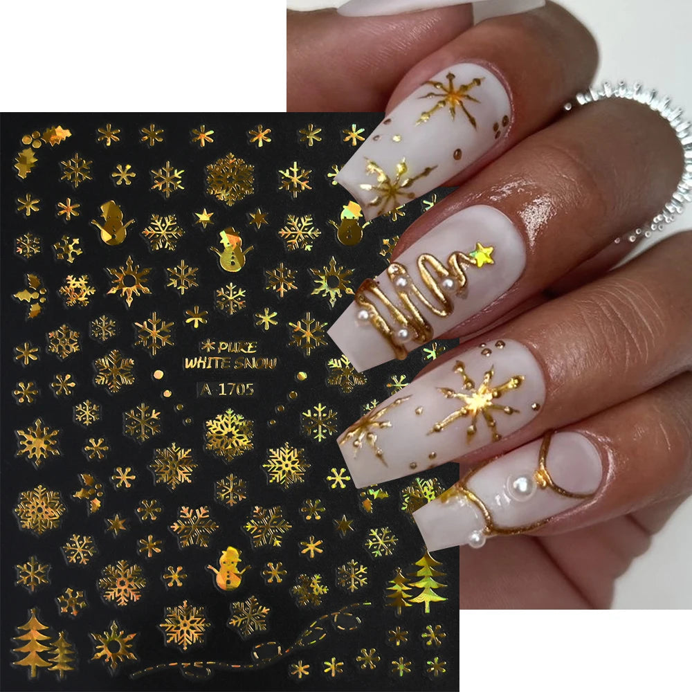 12pcs/set Gold Laser Snowflake Nail Stickers Set 3D Luminous Snowflakes Adhesive Nail Decals Winter Snowman Elk Maniucre Decorat