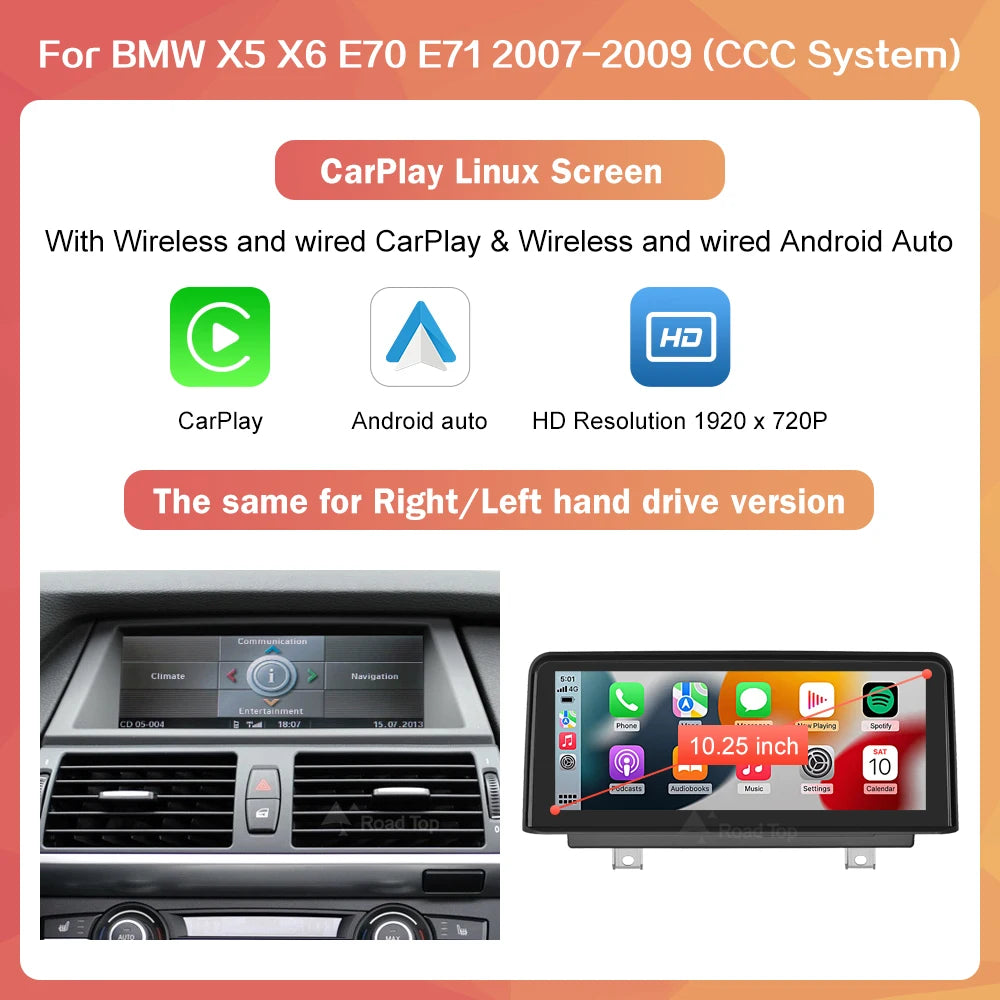 RoadTop 1920*720 Wireless CarPlay Android Auto Car Multimedia Display for BMW X5 X6 E70 E71 2007-2013 CCC CIC Linux Touch Screen