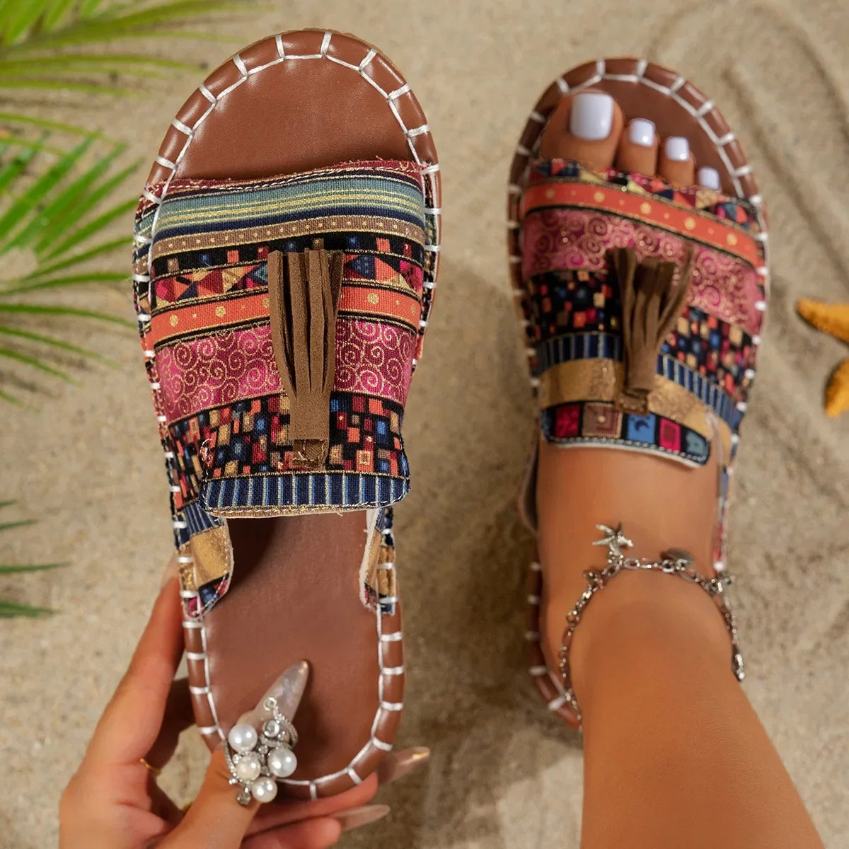 Bohemian Tassel Slide Slippers for Women — Flat Beach Sandals, Plus Size