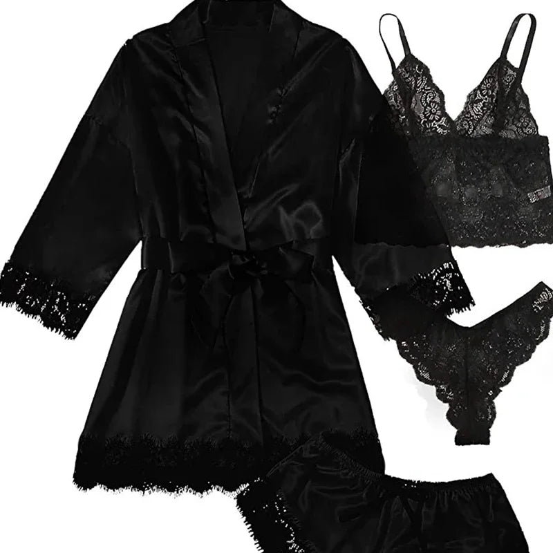 Women's 4-Piece Lace Camisole Pajama Set – Sexy Lingerie Nightgown, Shorts, Robe & Leisurewear | S–XXL (7 Colors)