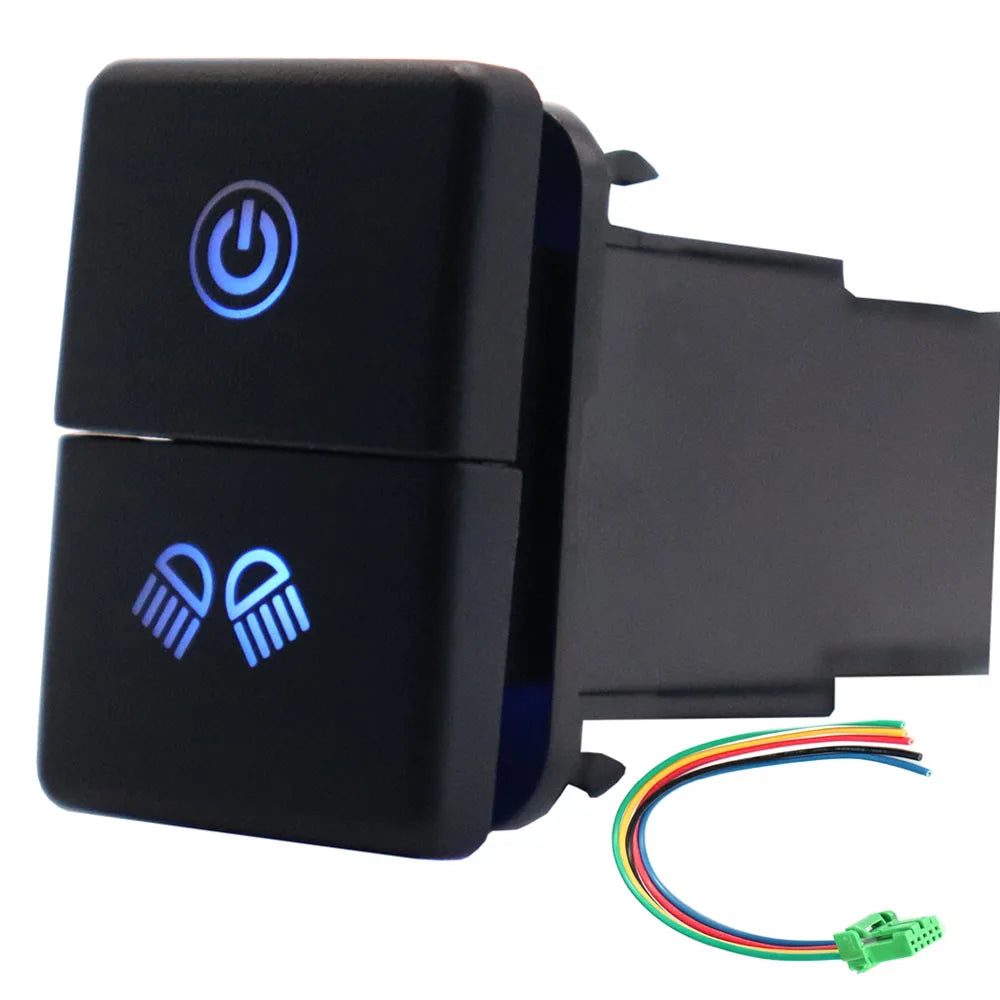 12V Dual Push Button Switch ON-Off Blue/Green Backlit 32.5mm X 22mm for Toyota 4Runner Hilux Prado RAV4, with Connector Wire