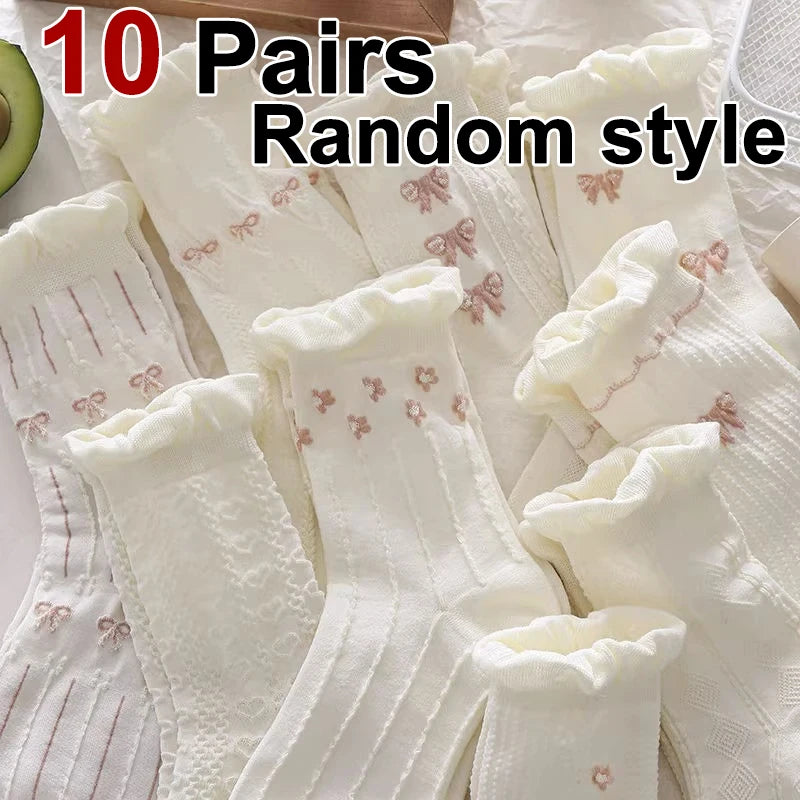 Women's Mid-Tube Socks 5/10 Pairs - Cute Bow & Floral