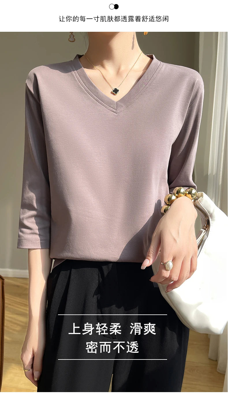 Spring And Summer New Cotton V-neck T-shirt Short-Sleeved Women's Half-Sleeve Bottoming Shirt High-End Cropped Sleeve Top