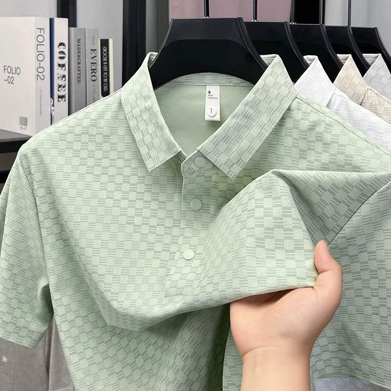 Men's Hollow-Grid Polo - Lapel Three-Button, Breathable Stretch
