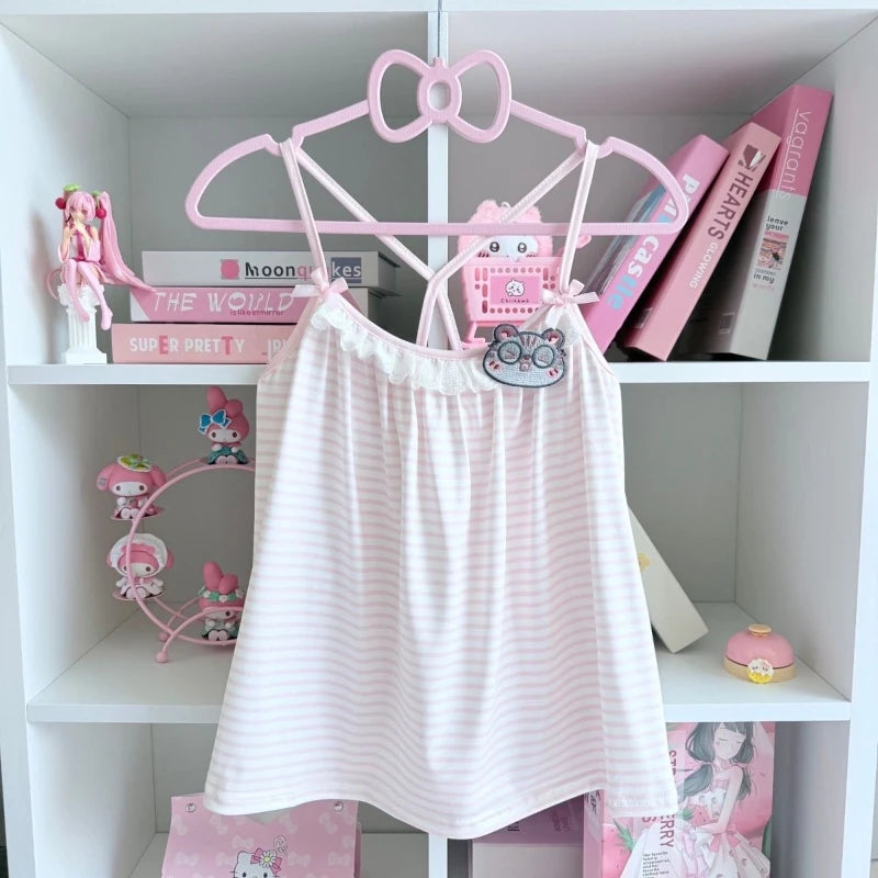 Women's Sweet Kawaii Lace Bow Camisole – Pink Stripe Off Shoulder Japanese Chic Vest Top