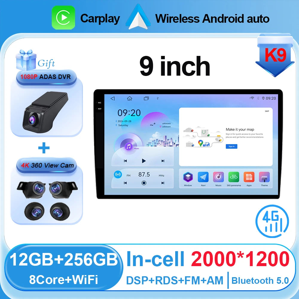 Universal 2-DIN Android Car Stereo (9"/10") — CarPlay, Android Auto, GPS, QLED Screen, Bluetooth