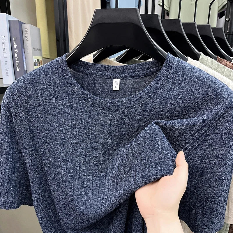 Men's Ribbed Knit Tee - O-Neck Stripe, Lightweight Breathable