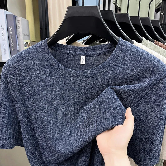 Men's Ribbed Knit Tee - O-Neck Stripe, Lightweight Breathable