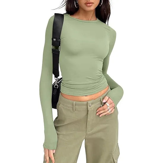 1pcs Four Seasons Fashion Senior Women T-shirt Long Sleeve Crew Neck Solid Slim Fit Tee Ladies Crop Top  Daily Streetwear Camis