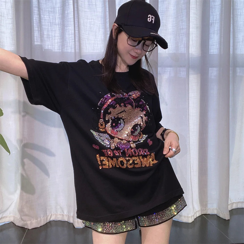 Plus Size Cartoon Girl Pattern Diamonds Short Sleeve Tees for Women Summer Clothing Thin Casual Loose O Neck T Shirt Knitwear