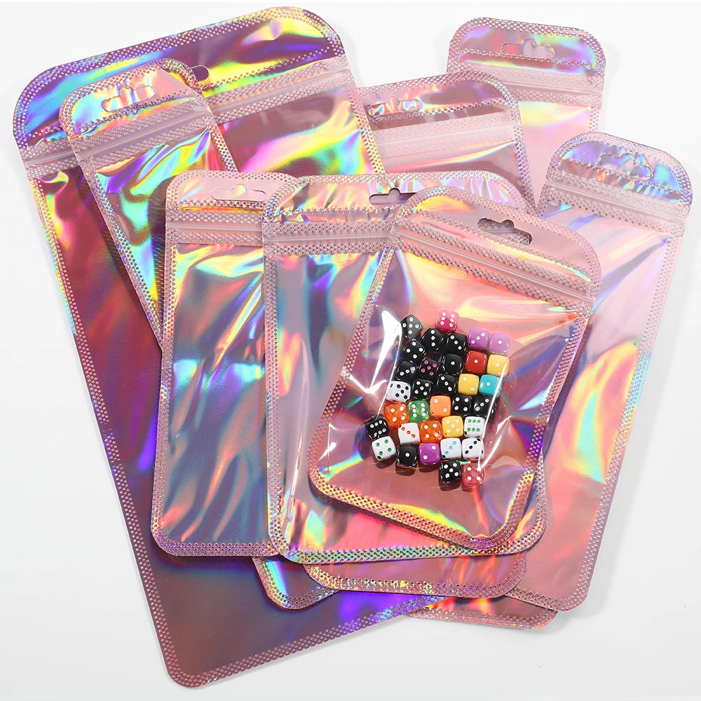 50pcs/lot Pink Laser Ziplock Bags Reusable Plastic Transparent Bags for Jewelry Packaging Cosmetic Retail Display Bags