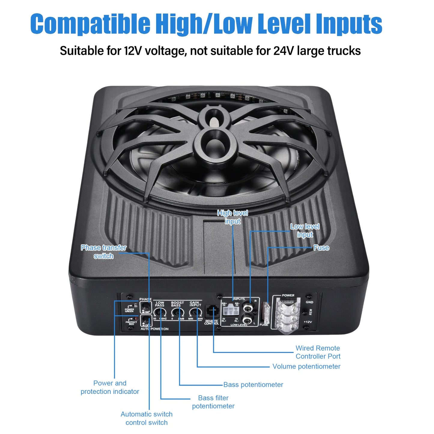 10 Inch Under Seat Subwoofer, Active Car Subwoofer, Compact Under Seat Sub 12V with Blue LED Ambient Light for Trucks, Vehicles with Limited Space