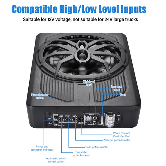 10 Inch Under Seat Subwoofer, Active Car Subwoofer, Compact Under Seat Sub 12V with Blue LED Ambient Light for Trucks, Vehicles with Limited Space