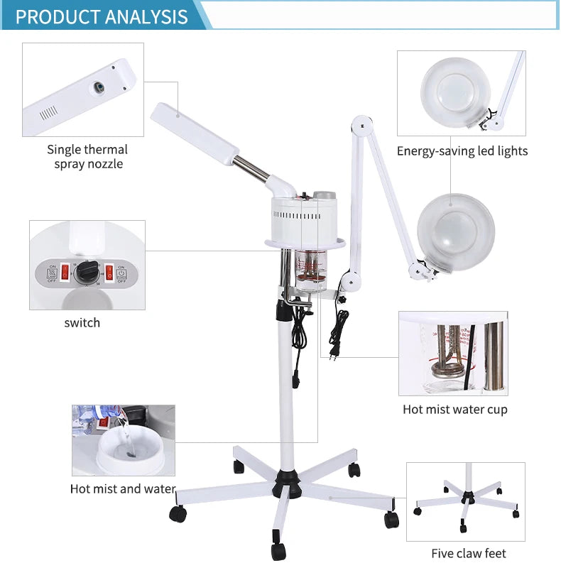 Multi-purpose Hot Sprayer Beauty Device for Salon Spa 2 in 1 Facial Steamer with Magnifying Lamp Led