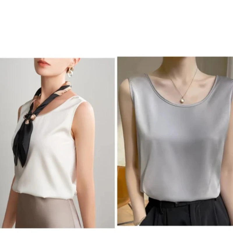 Summer Satin Mulberry Silk Tank Top Casual Versatile Champagne Tops Woman 2026 New Fashion Elegant Vest Loose Sleeveless T-shirt