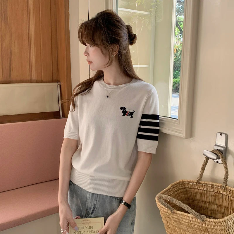 Women's Embroidered Striped Cotton T-Shirt — Loose Round-Neck Summer Top