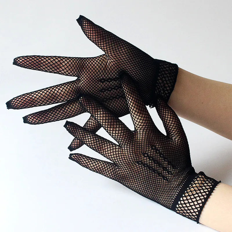 Girls Lolita Lace Hollow Out Gloves Women Ceremony Etiquette Mesh Thin Mittens Gothic Punk Sexy Glove Black White Soft Elastic