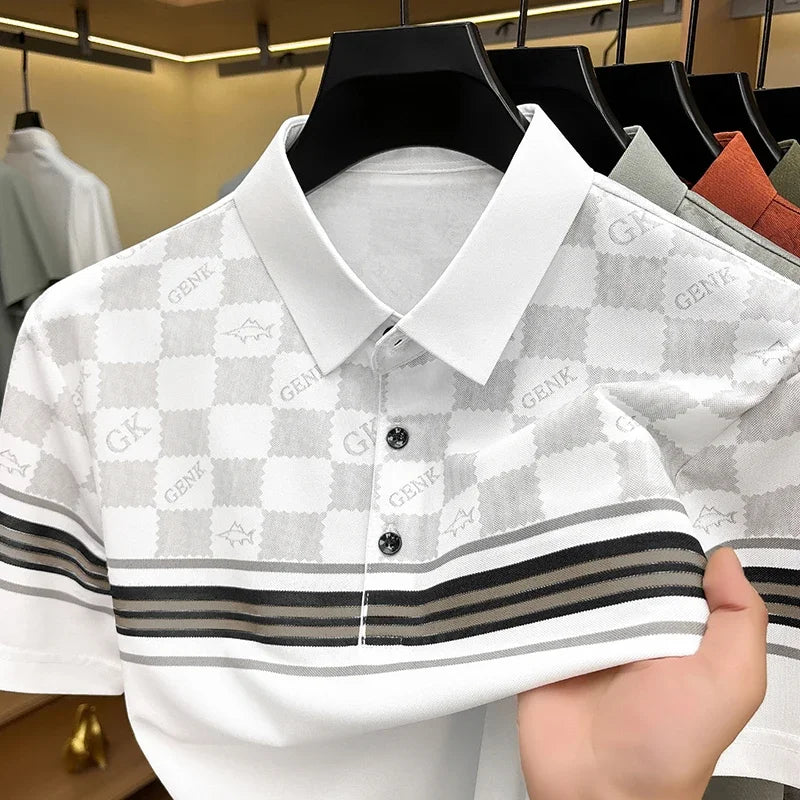 Men's Grid Jacquard Polo - Stripe Sleeve, Wrinkle-Free Office Wear