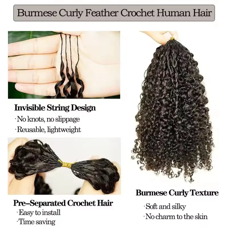 300g Burmese Kinky Curly Crochet Human Hair Knots Feather Crochet Hair Extensions Invisible Knotless Kinky Curly Braiding Hair