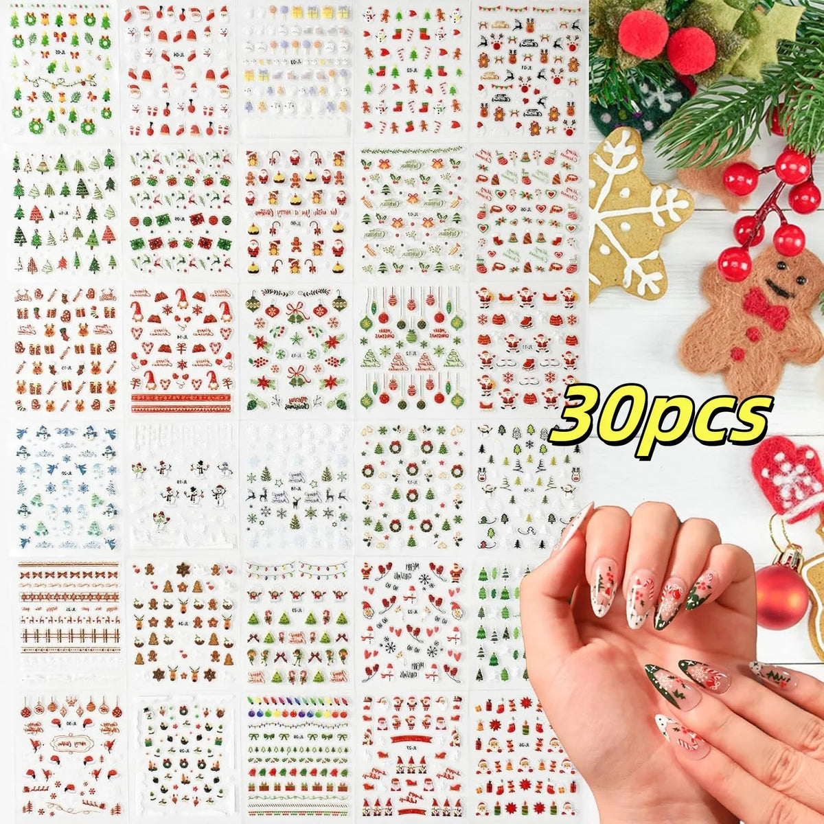30pcs Christmas Nail Art Stickers Cartoon Holiday Design Santa/Reindeer/Snowflakes Nail Decals Sparkle Festive Manicures & Gifts