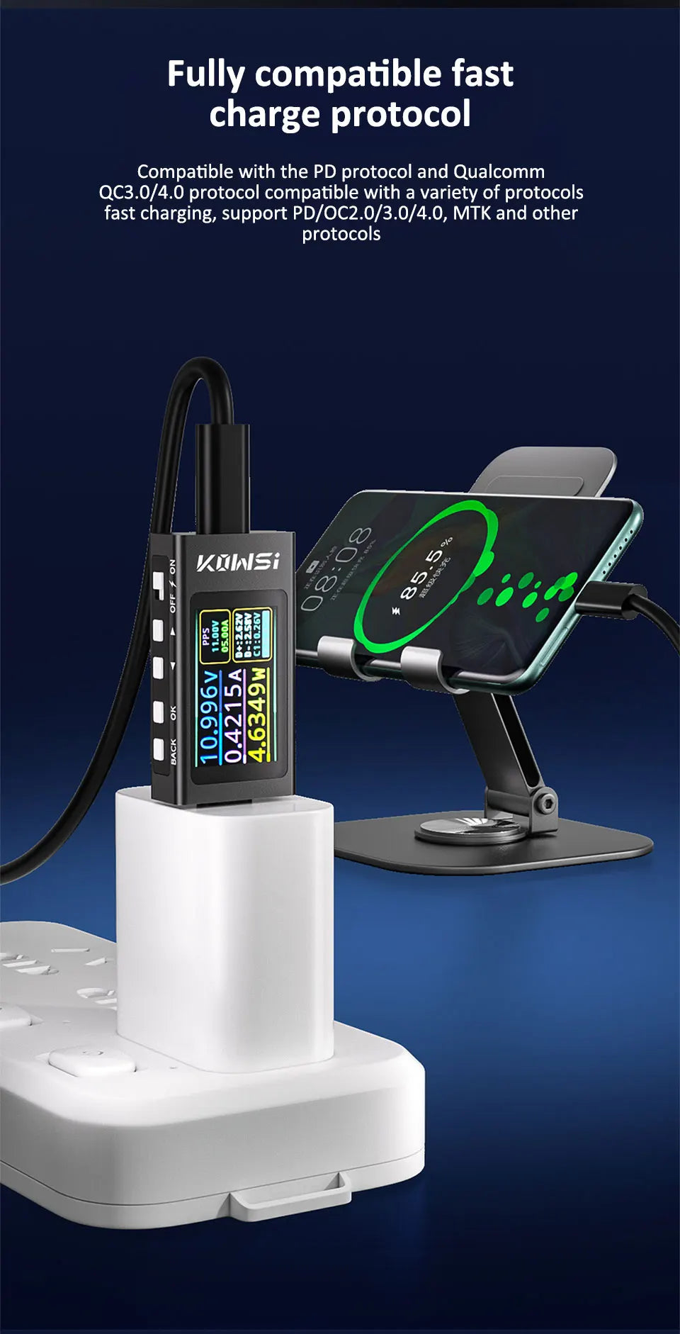 KWS-X1 4V-30V 12A Type C Tester Voltmeter Ammeter TYPE-C Fast Charge Detection Trigger Capacity Measurement Ripple Measurement