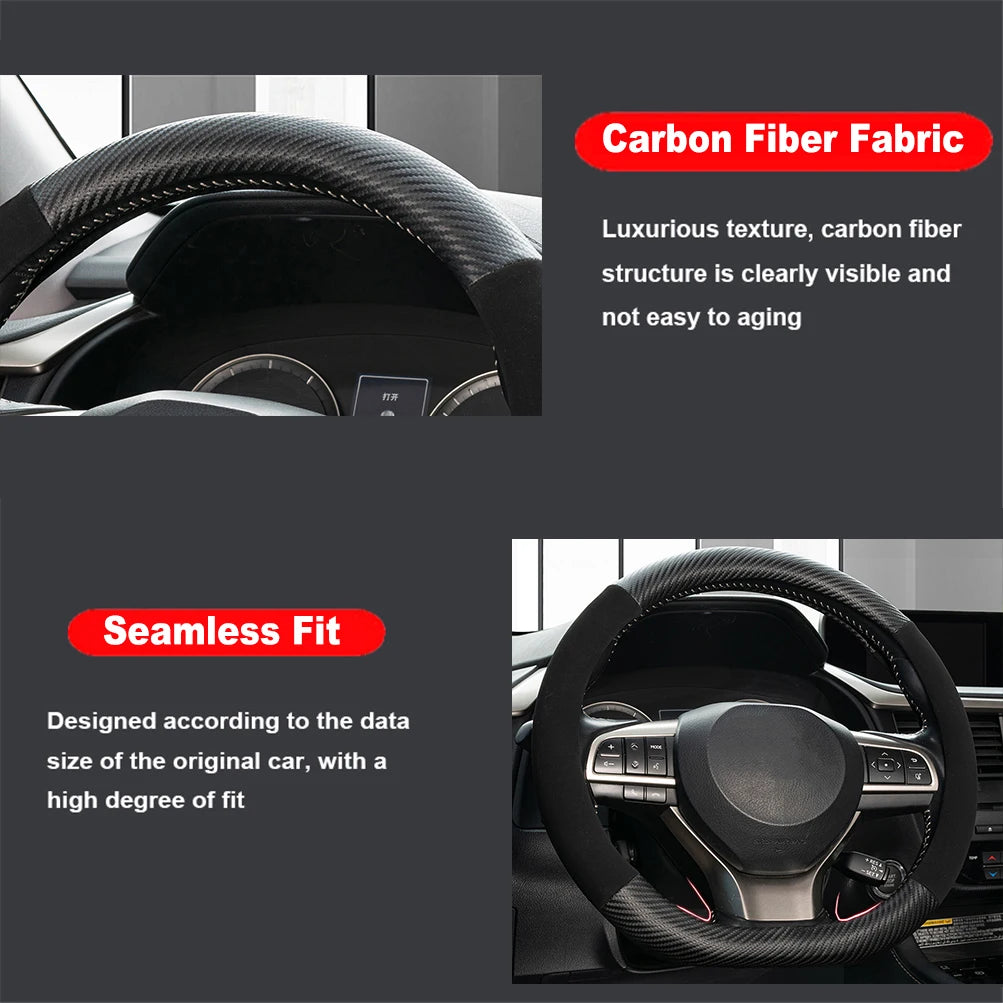 D-Shaped Carbon Fiber & Suede Leather Car Steering Wheel Cover Anti-Slip Protector Breathable Sweat Absorbent Sport 38cm(15Inch)