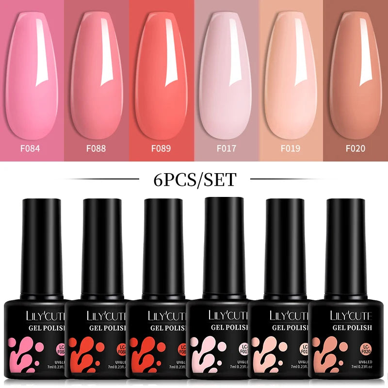 LILYCUTE 6Pcs 7ML Gel DIY Nails Polish Set Bright Pink Nail Charms Soak Off UV LED Gel Varnish Nail Art Design Accessories
