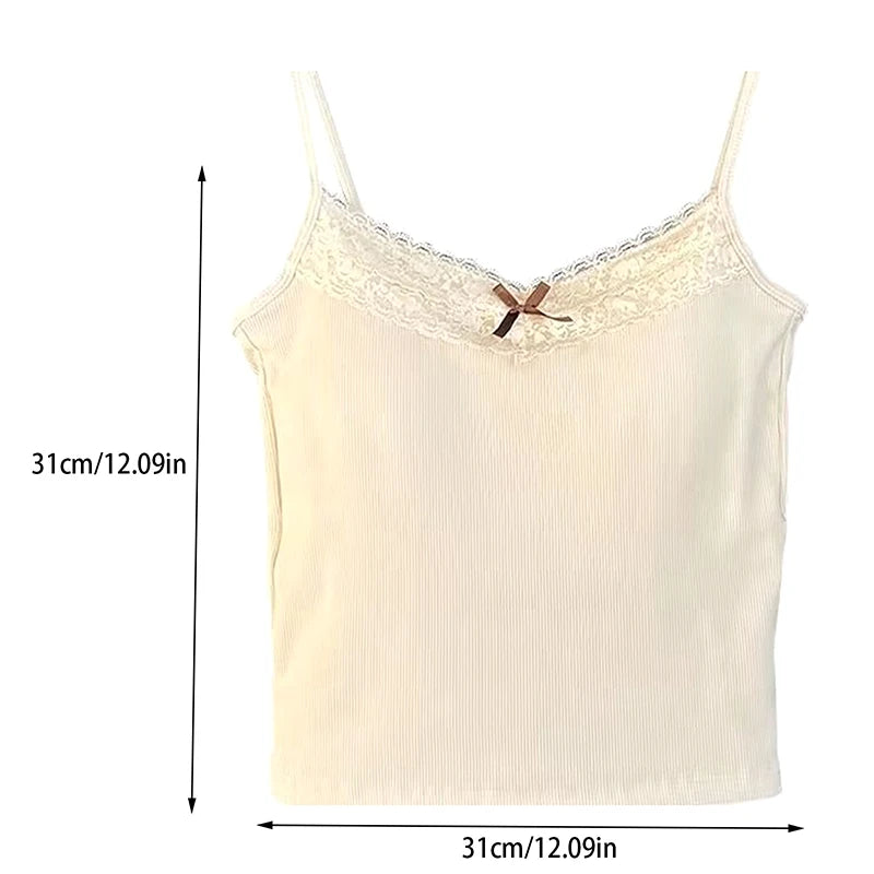 Sexy White Knit Camisole Lace Tank Top Cropped Vest Women's Sleeveless Crop Tops with Chest Pad Y2k Cute Summer Slim Undershirt