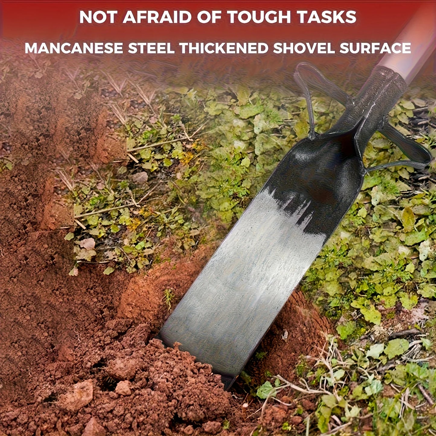 Heavy-Duty Manganese Steel Garden Spade - Reinforced Blade, Hardened Edge, Solid Wood Handle. No Electricity Needed.