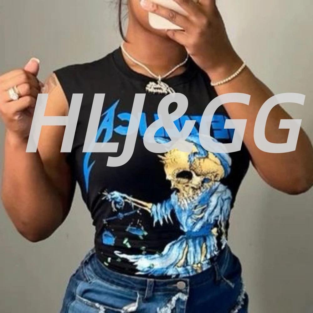 HLJ&GG Black Fashion Graphic Printing Loose T Shirts Women Round Neck Sleeveless Tops Summer New Female Hip Hop Streetwear 2025