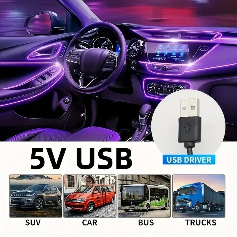 5M Car Environment El Wire LED USB Flexible Neon Interior Lights Car Decorative Accessories